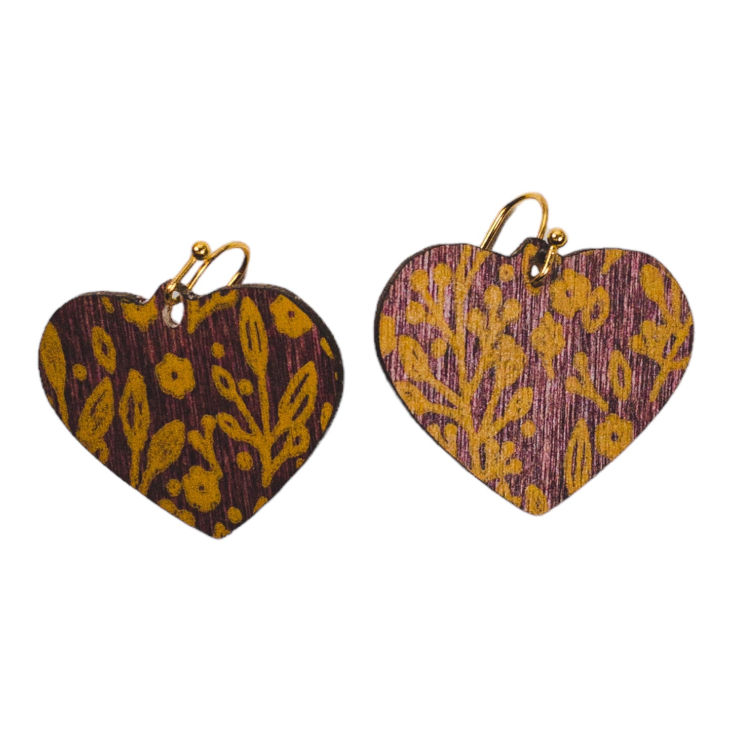 Cherry Stain Wood Heart Yellow Floral Print Earrings