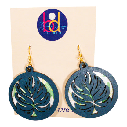Navy Blue Monstera Leaf Round Wood and Chipboard Earring
