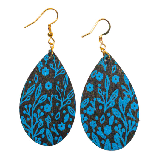 Walnut Stain Wood Teardrop Blue Floral Print Earrings