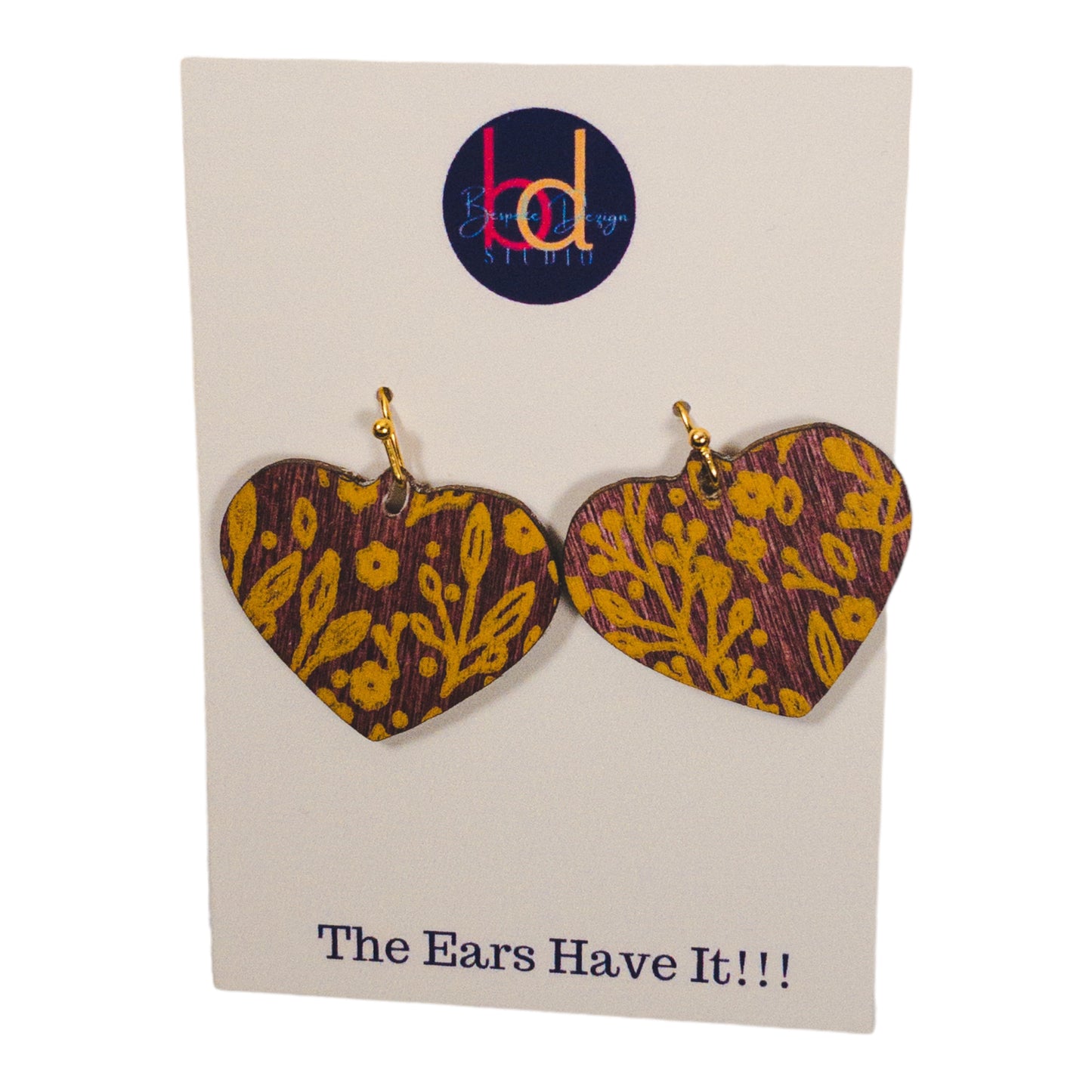 Cherry Stain Wood Heart Yellow Floral Print Earrings