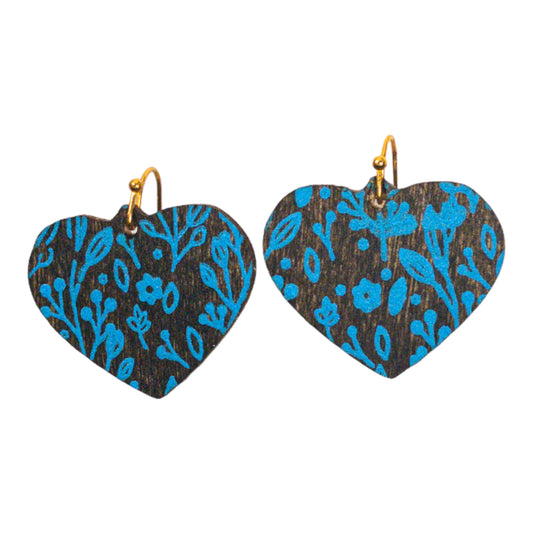 Walnut Stain Wood Heart Blue Floral Print Earrings