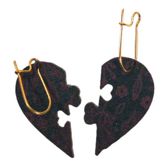 Black Wood Broken Heart Fuchsia Floral Print Earrings