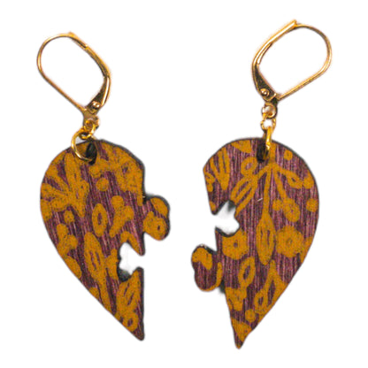Wheat Stained Wood Broken Heart Yellow Floral Print Earrings