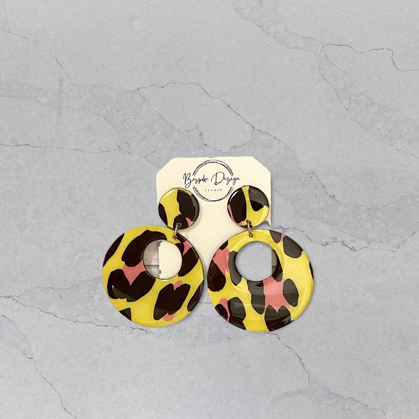 Yellow Pink and Black Leopard Circle Drop Recycled Earrings