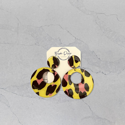 Yellow Pink and Black Leopard Circle Drop Recycled Earrings