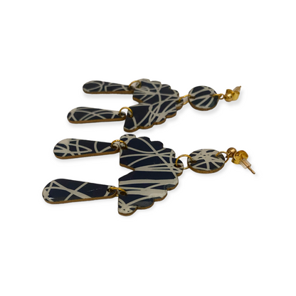 Navy & White Scalloped Half Circle w/Teardrop Graffiti Pattern Recycled Earrings