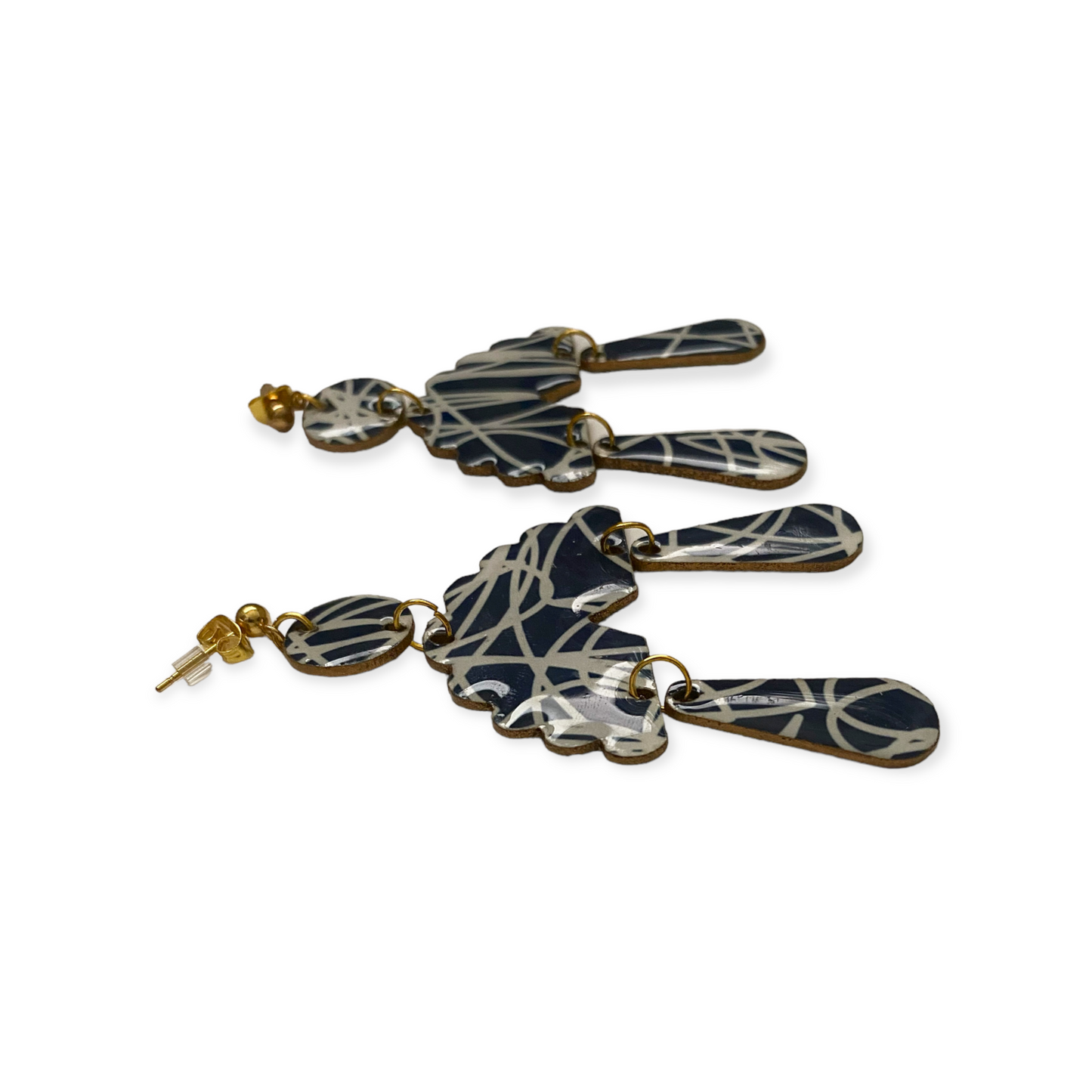 Navy & White Scalloped Half Circle w/Teardrop Graffiti Pattern Recycled Earrings