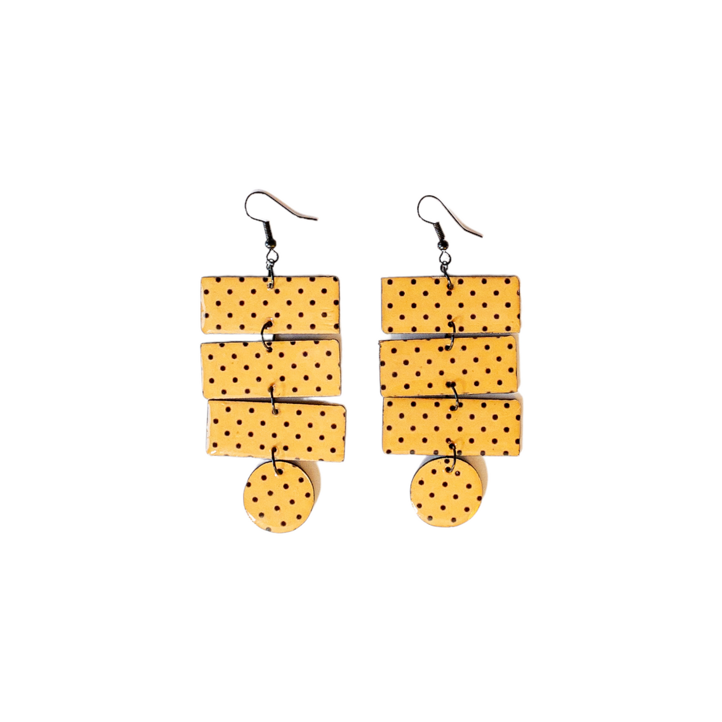 Marigold & Black Polka Dot Triple Rectangle with Circle Recycled Earrings