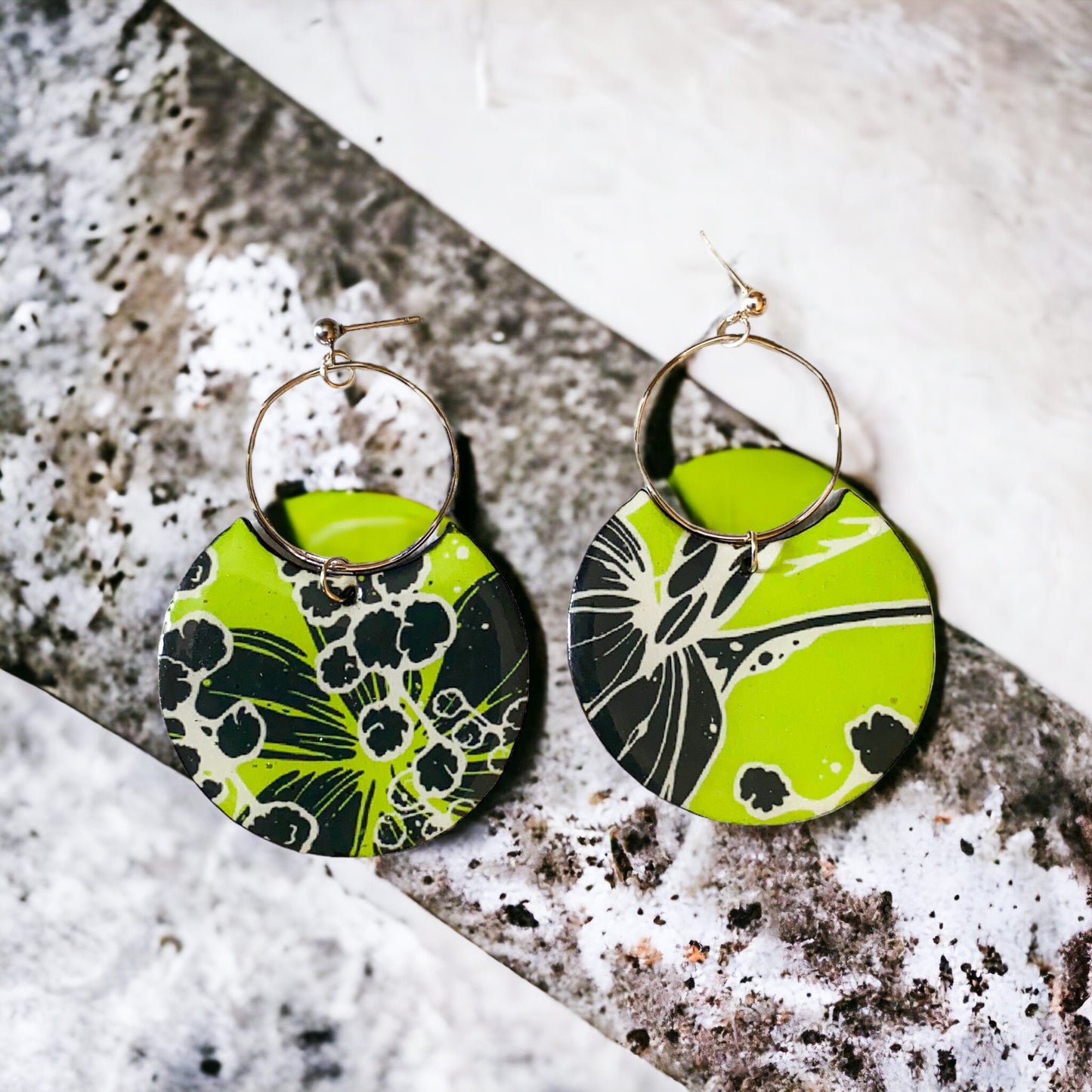 Chartreuse & Granite Round Recycled Earring with Open Circle Tab