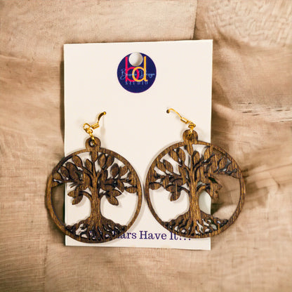 Tree of Life Round Wood Earrings