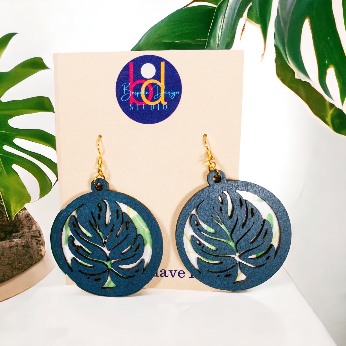 Navy Blue Monstera Leaf Round Wood and Chipboard Earring