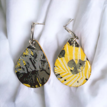Yellow & Black Floral Teardrop Recycled Earrings