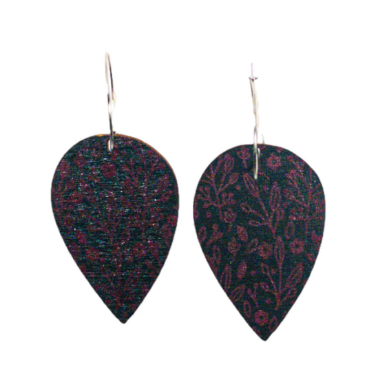 Black Wood Teardrop Fuchsia Flower Print Earrings
