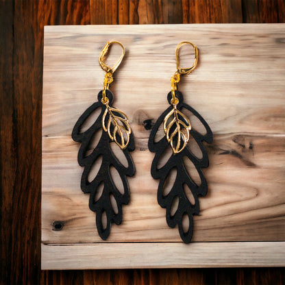 Walnut Stain Dangle Wood Leaf Earring