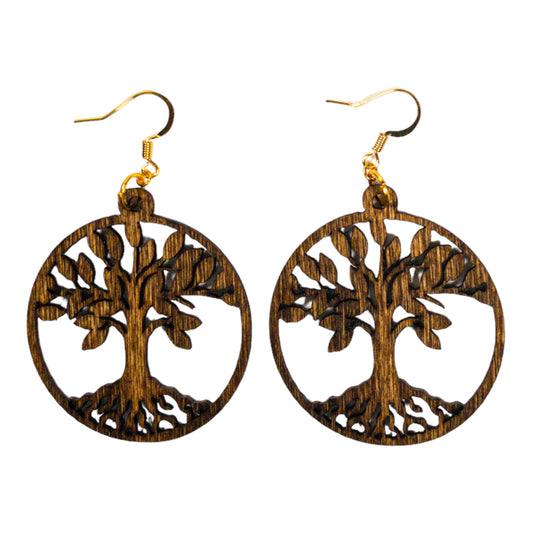 Tree of Life Round Wood Earrings
